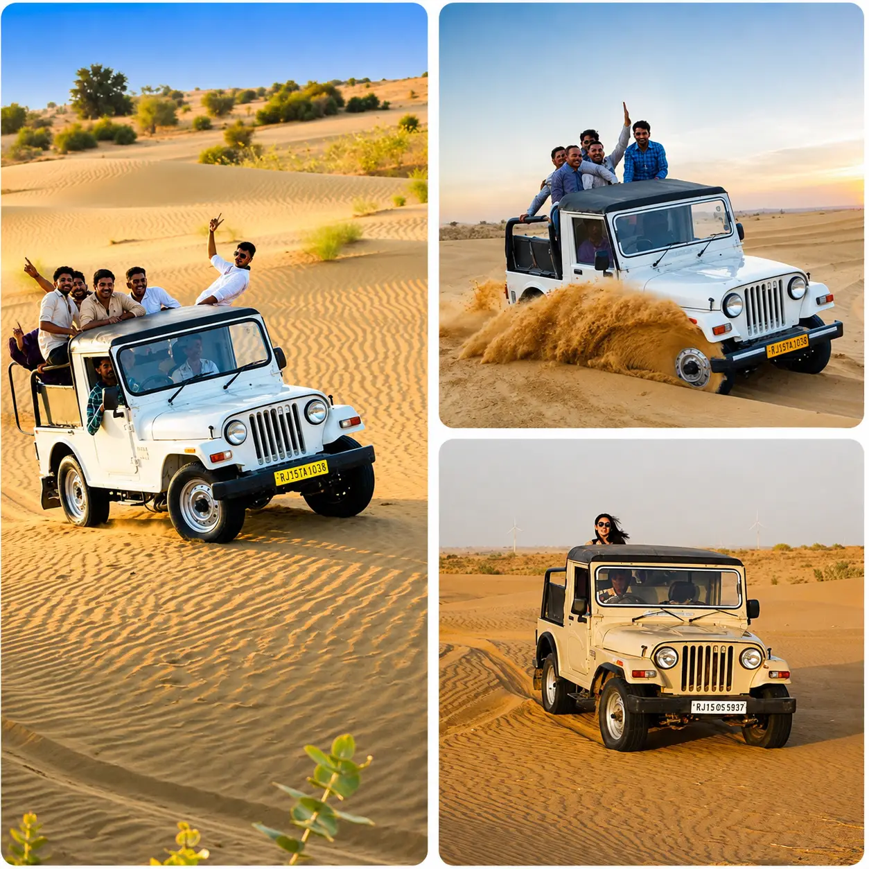 Open jeeps on a safari across the Thar desert dunes