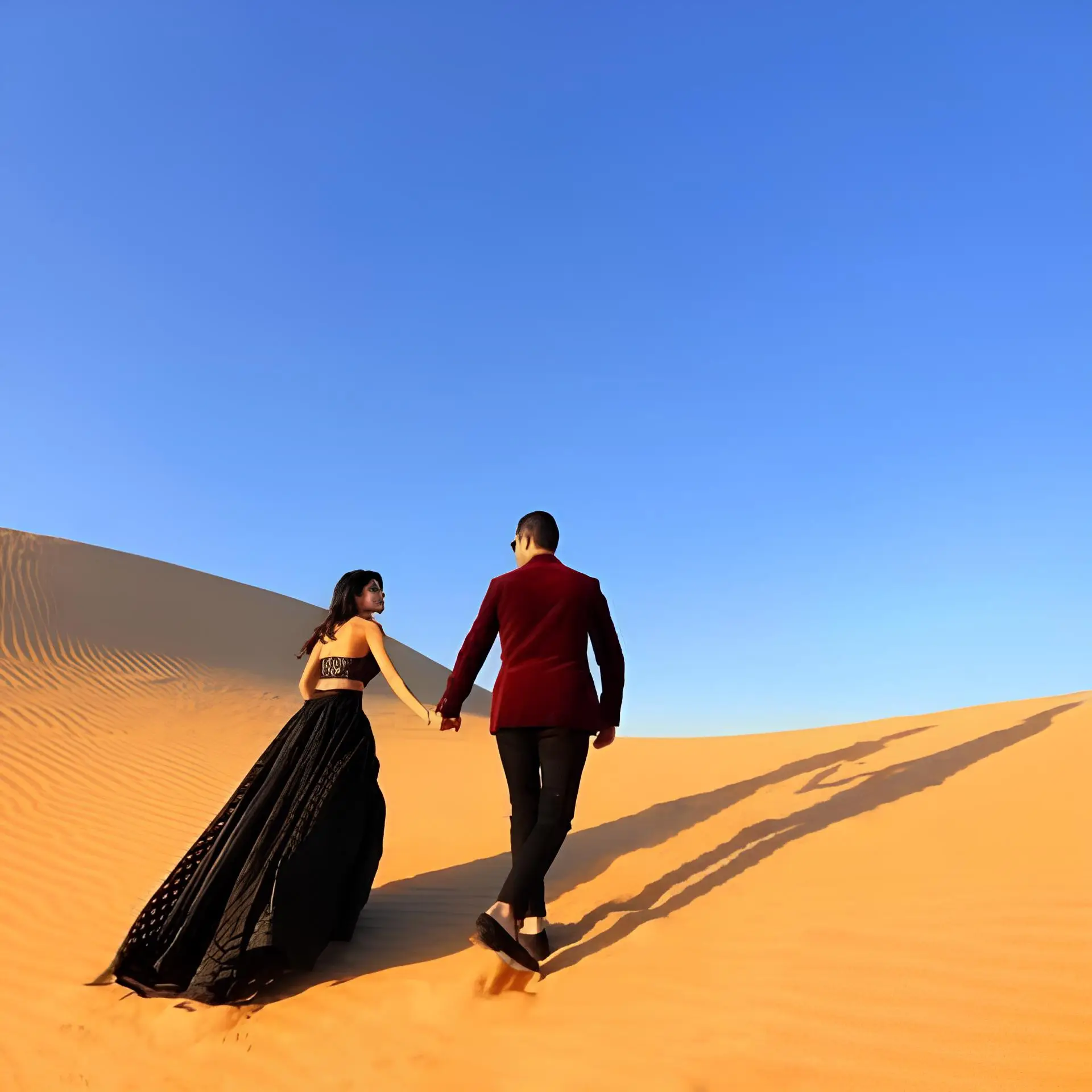 Couple walking across the golden sand dunes