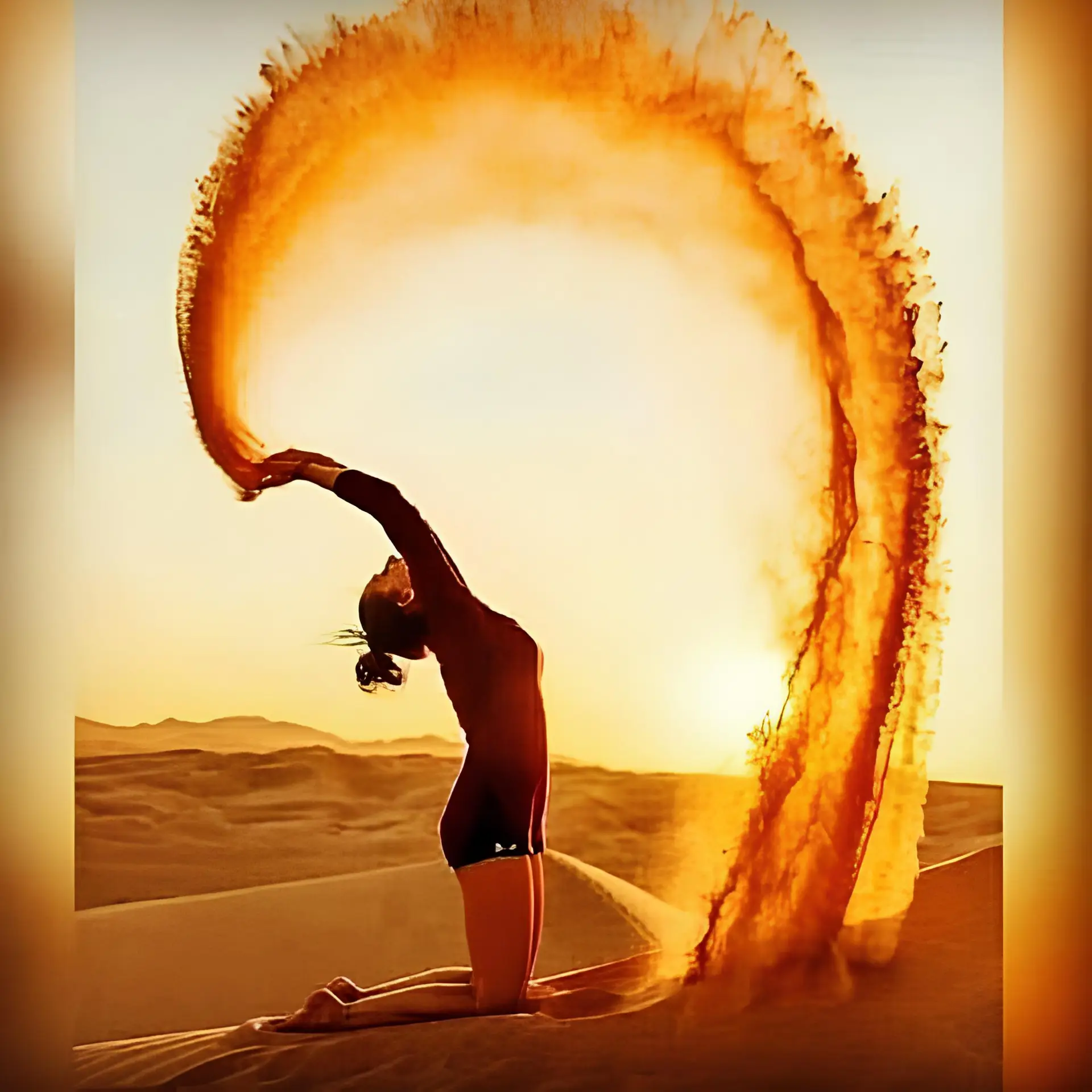 Traveller posing against a dune sand splash