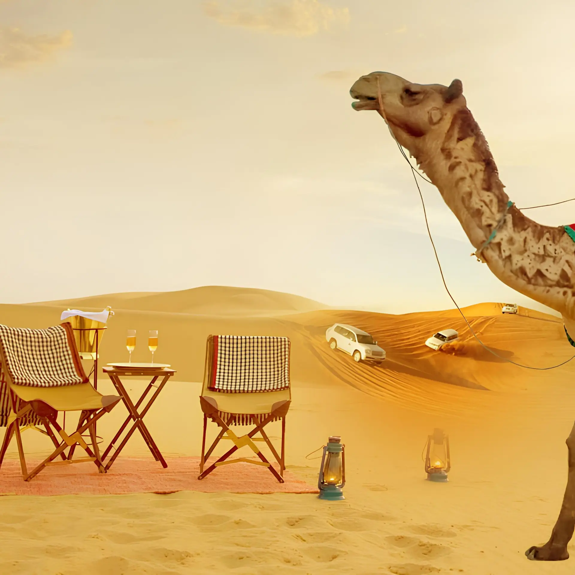 Camp seating in the desert with a camel nearby