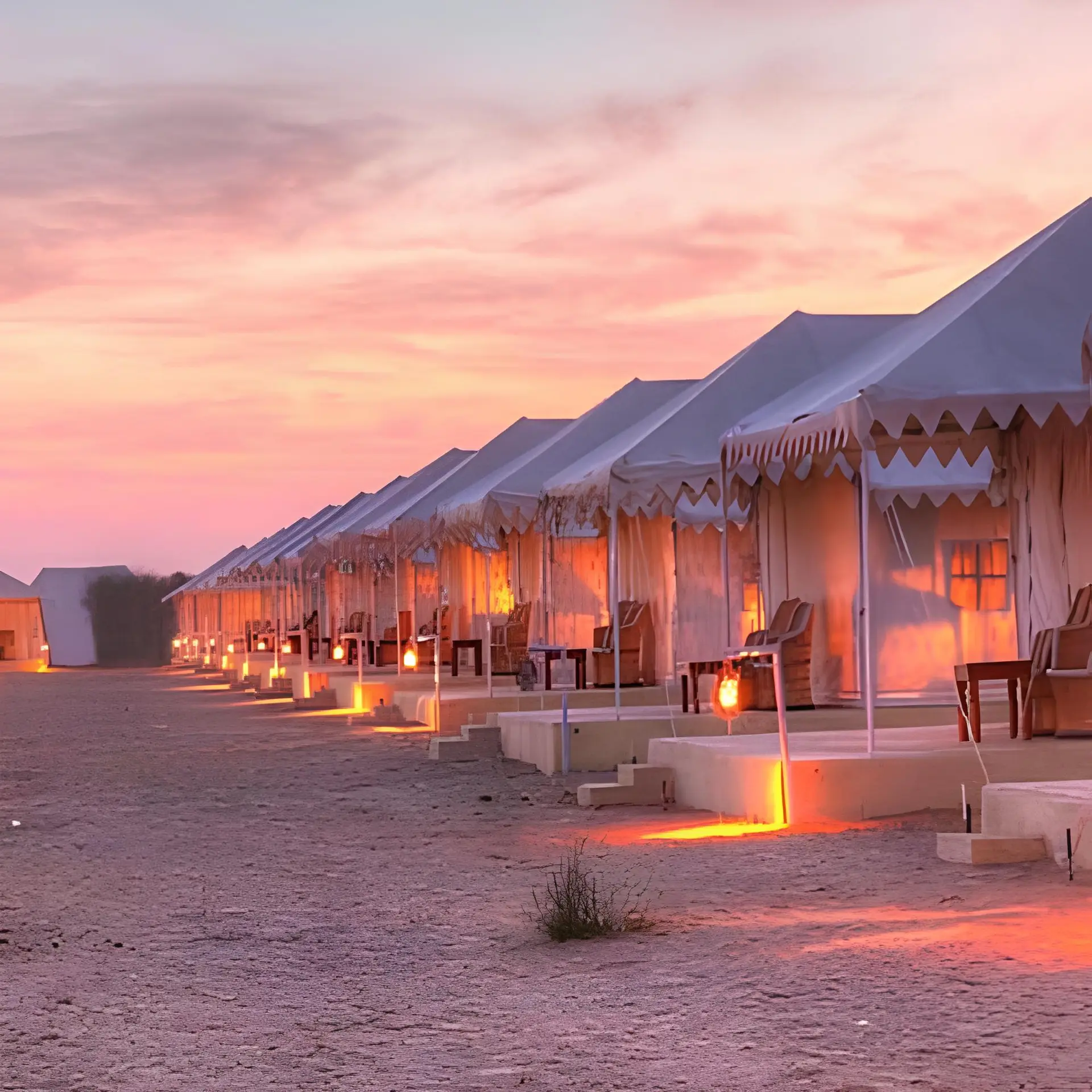 Row of luxury tents at a desert camp at sunset