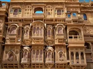Carved sandstone facade of Patwon Ki Haveli